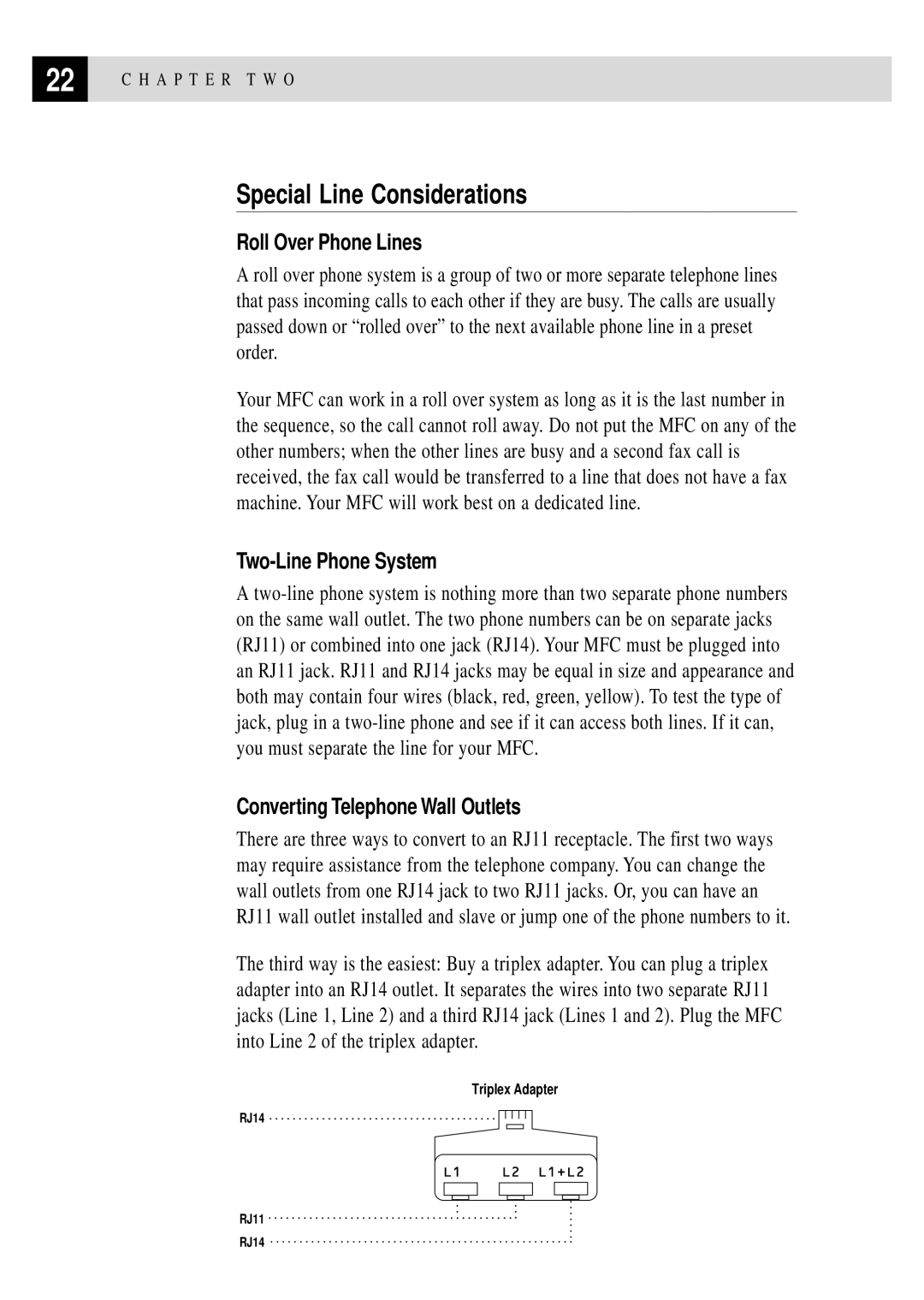 Brother MFC 4350 manual Special Line Considerations, Roll Over Phone Lines, Two-Line Phone System 