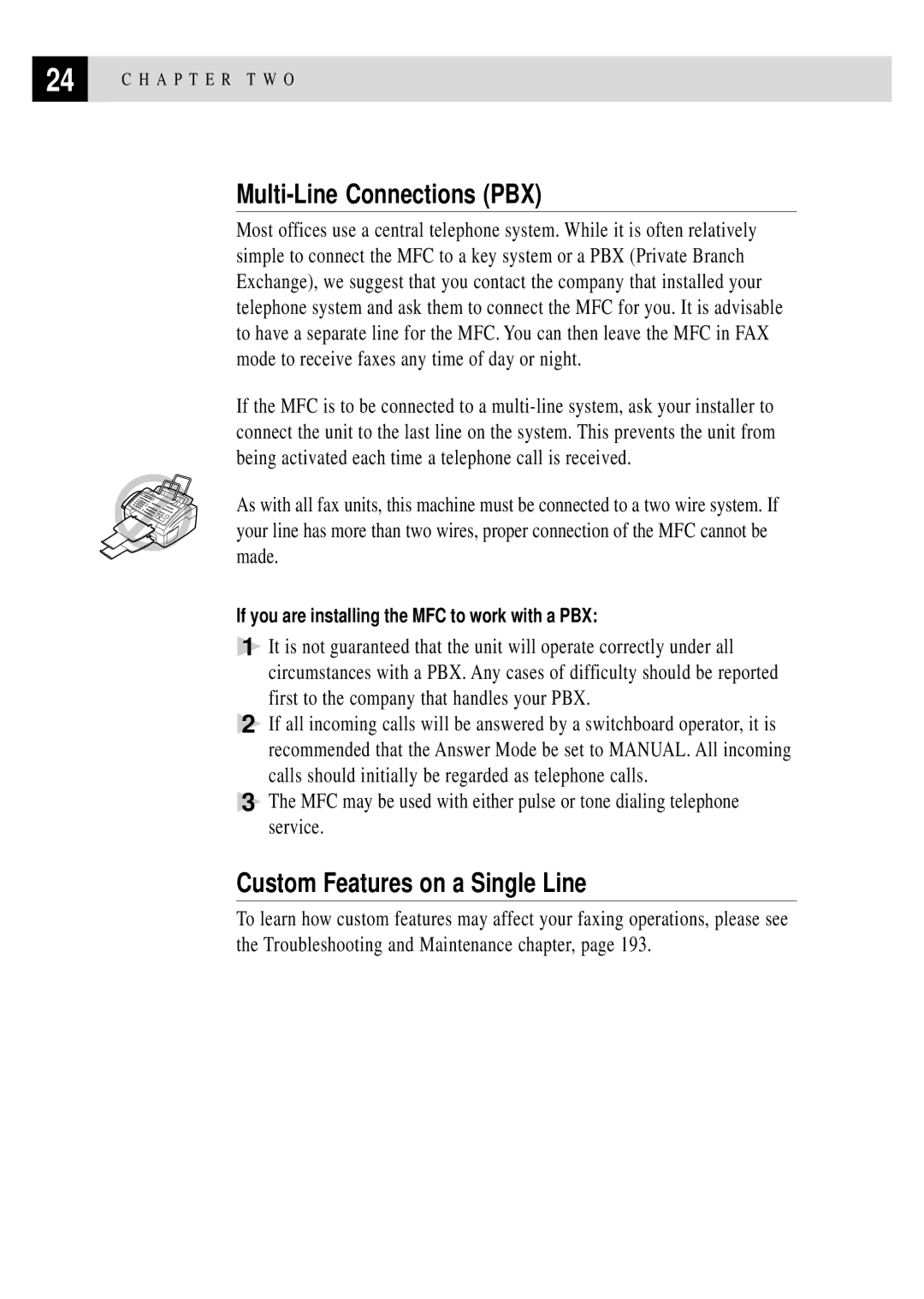 Brother MFC 4350 manual Multi-Line Connections PBX, Custom Features on a Single Line 