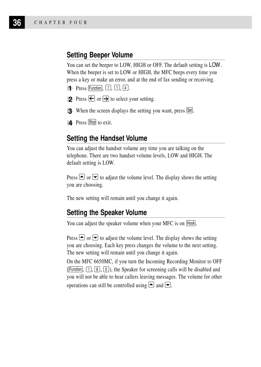 Brother MFC 4350 manual Setting Beeper Volume, Setting the Handset Volume, Setting the Speaker Volume 