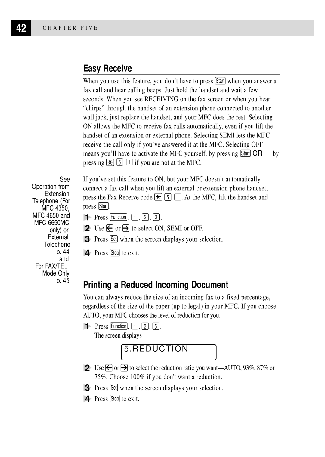 Brother MFC 4350 manual Easy Receive, Printing a Reduced Incoming Document, Reduction, Pressing 