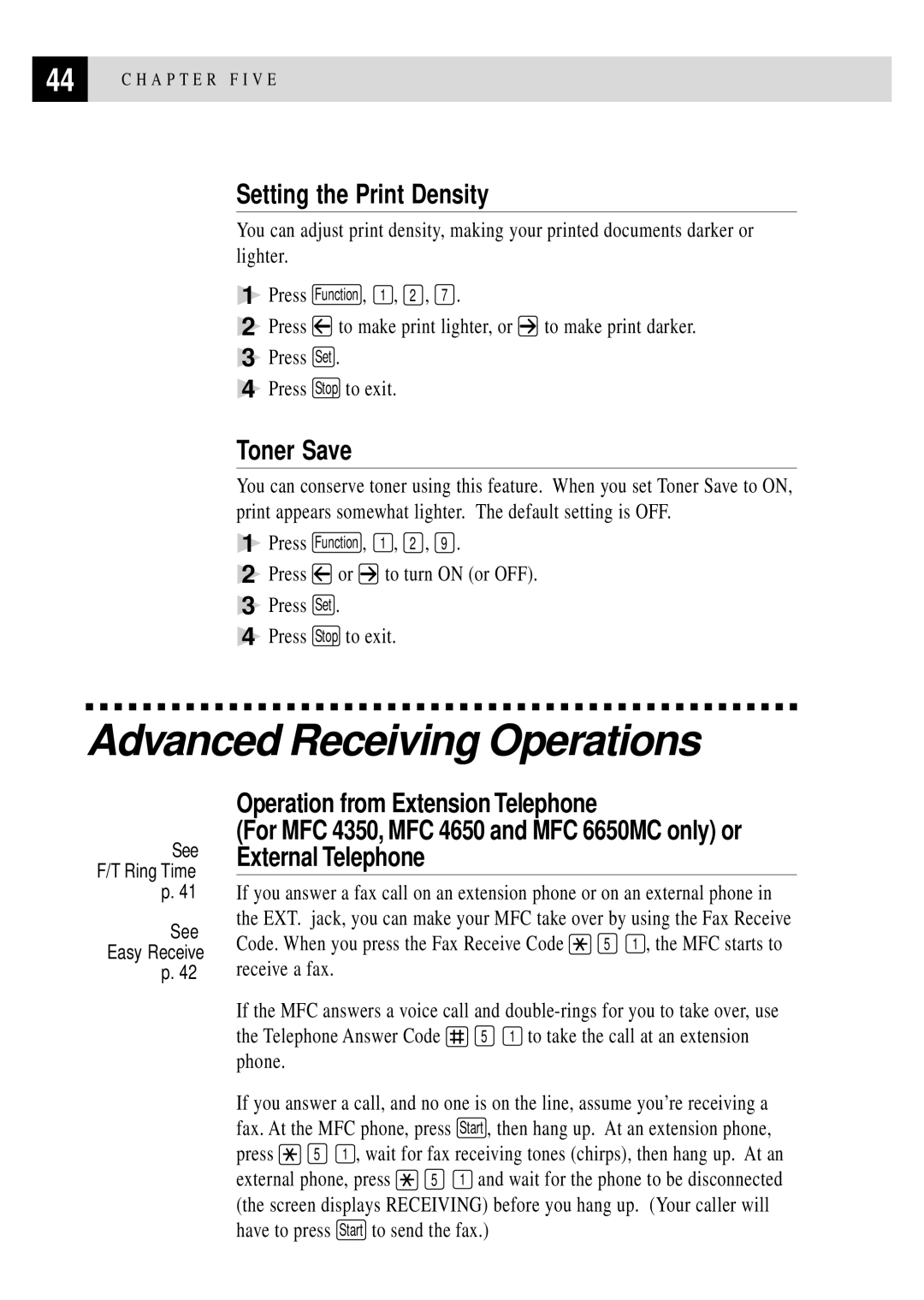 Brother MFC 4350 manual Advanced Receiving Operations, Setting the Print Density, Toner Save 