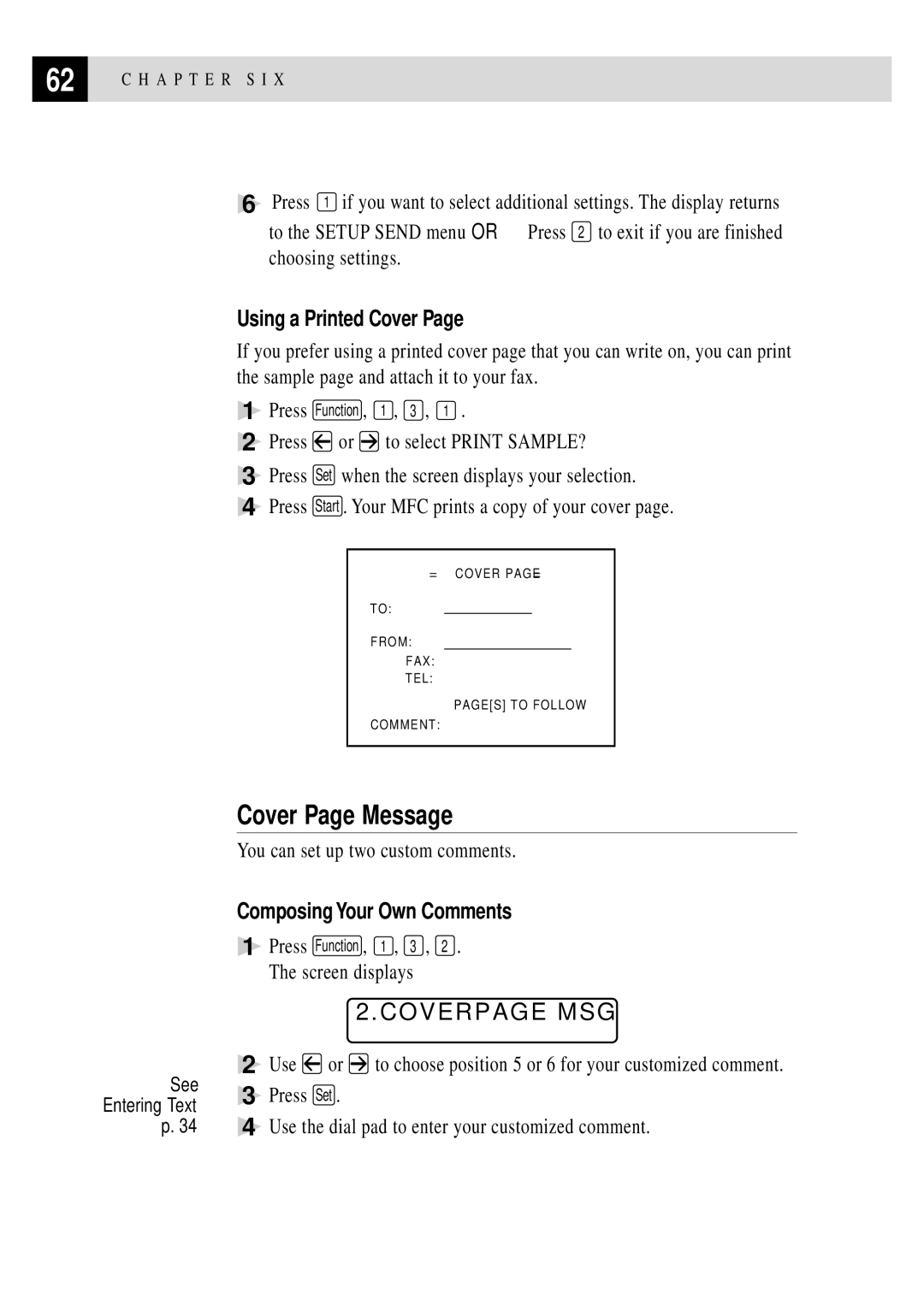 Brother MFC 4350 manual Cover Page Message, Coverpage MSG, Using a Printed Cover, Composing Your Own Comments 