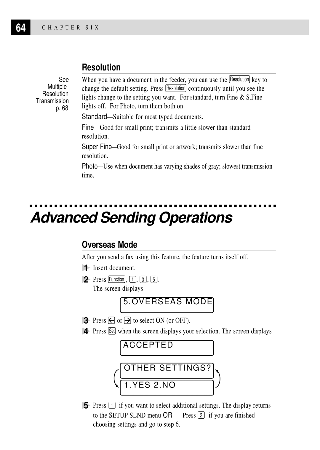 Brother MFC 4350 manual Advanced Sending Operations, Resolution, Overseas Mode 