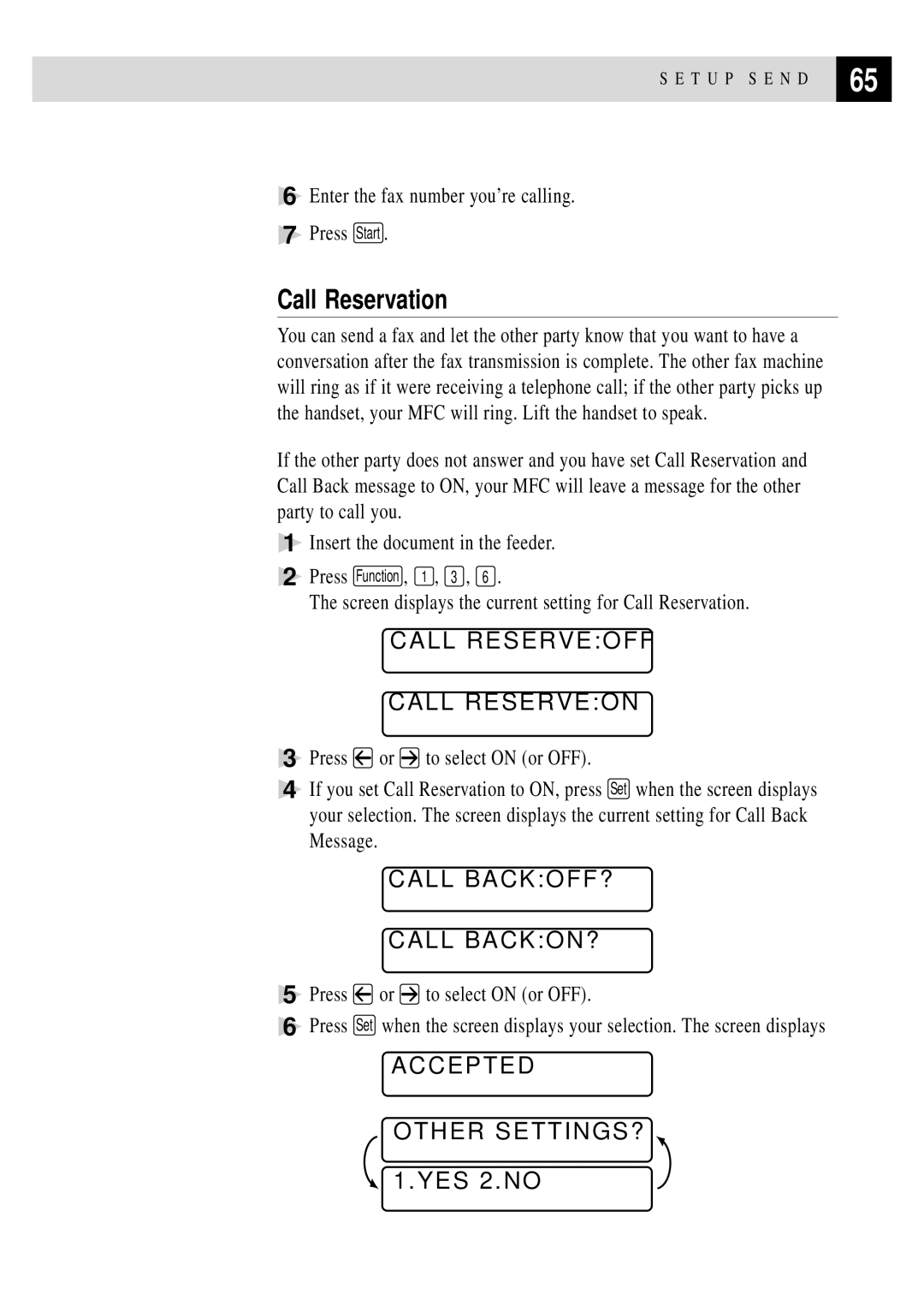 Brother MFC 4350 manual Call Reservation, Call Reserveoff Call Reserveon, Call BACKOFF? Call BACKON? 