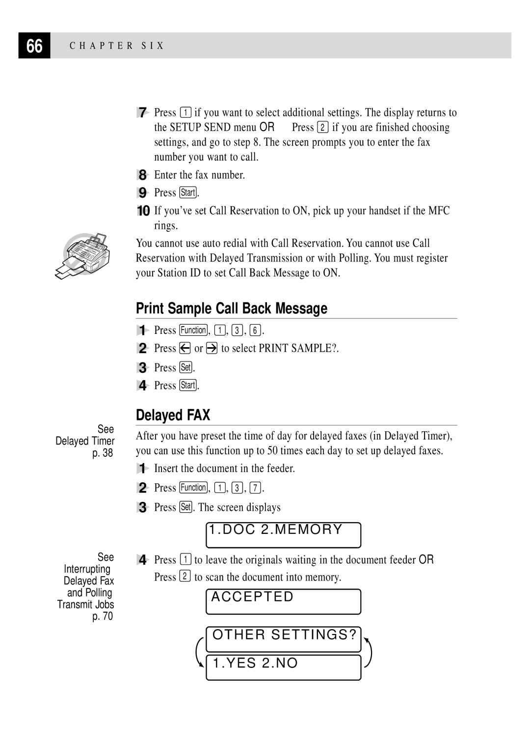 Brother MFC 4350 manual Print Sample Call Back Message, Delayed FAX, DOC 2.MEMORY 