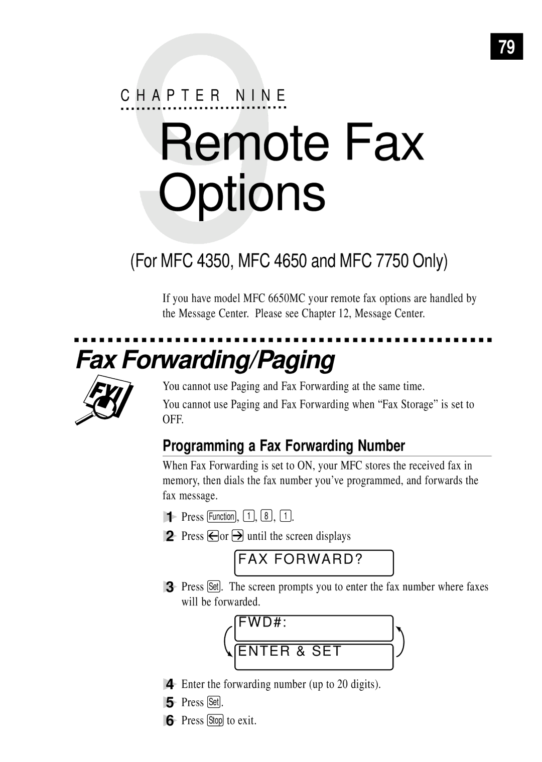 Brother MFC 4350 manual Fax Forwarding/Paging, Programming a Fax Forwarding Number, Fax Forward?, FWD# Enter & SET 