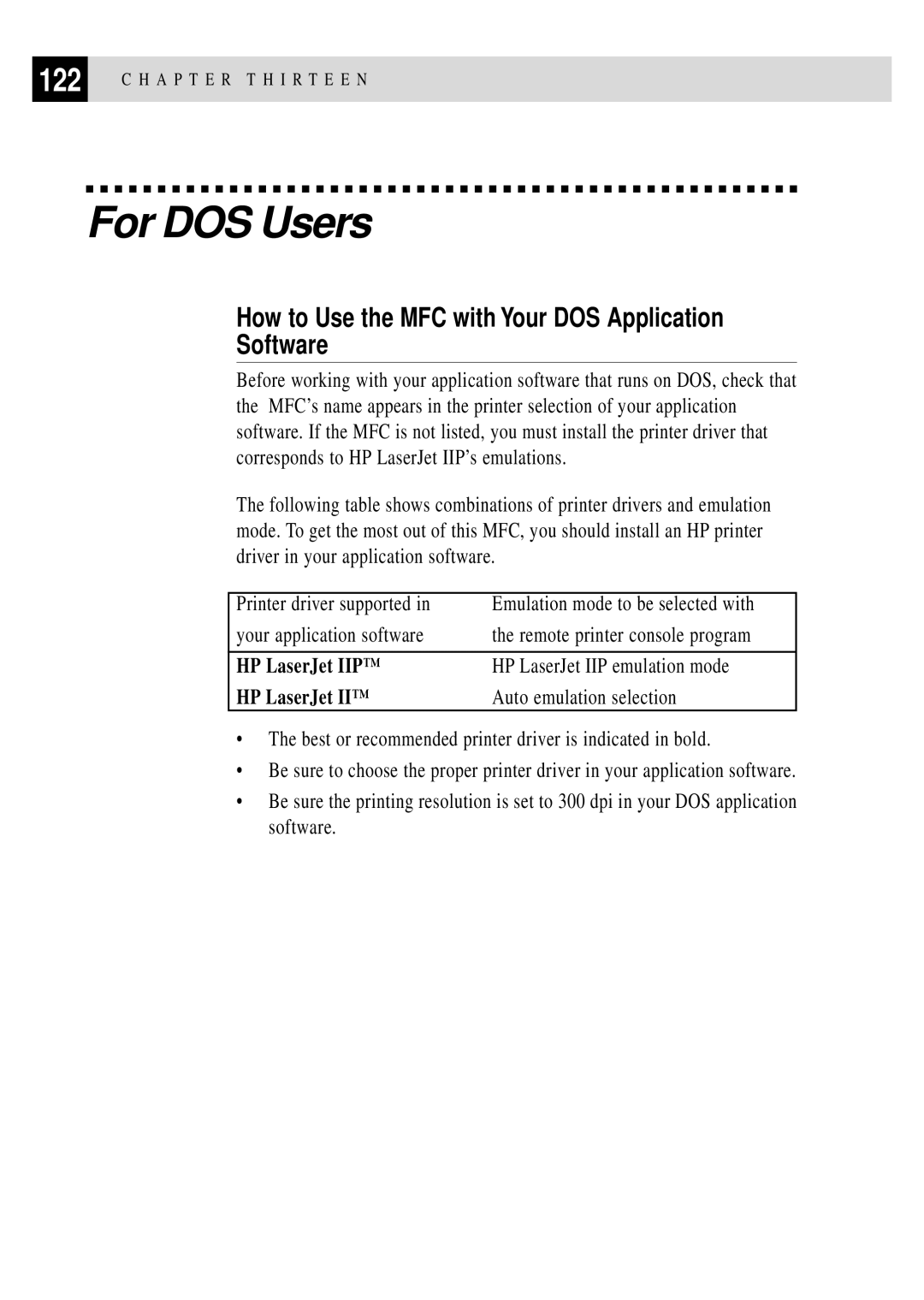 Brother MFC-6650MC For DOS Users, How to Use the MFC with Your DOS Application Software, HP LaserJet IIP emulation mode 