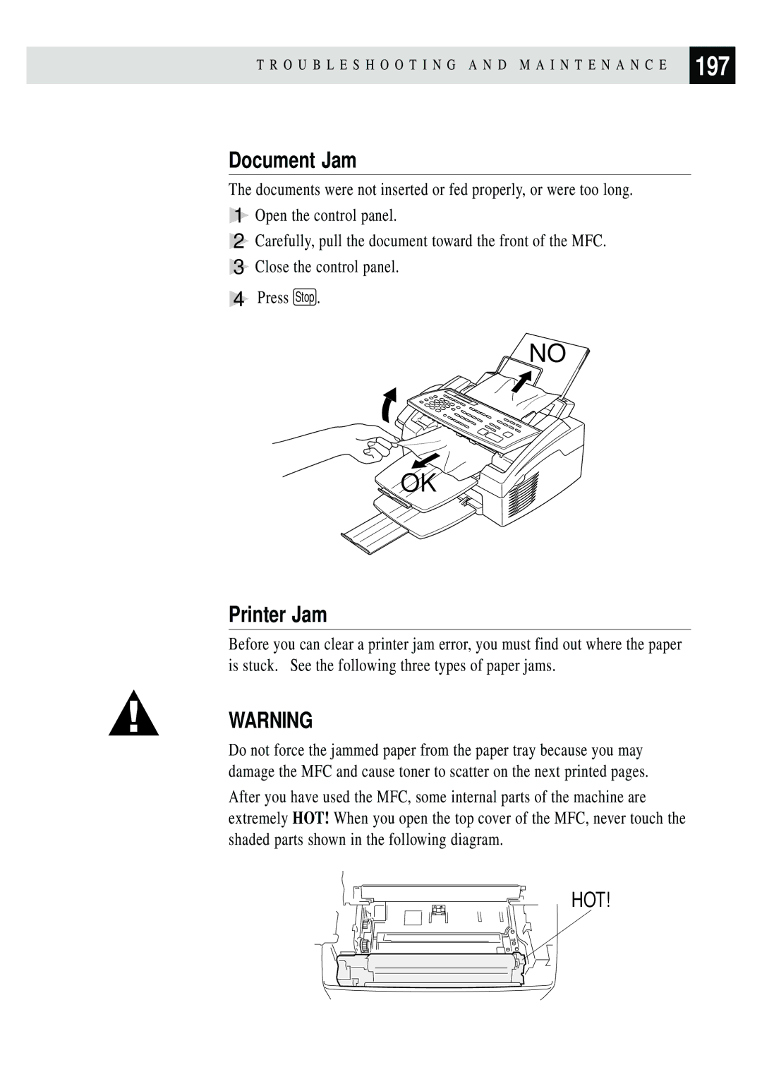 Brother MFC-7750, MFC-6650MC manual 197, Document Jam, Printer Jam 