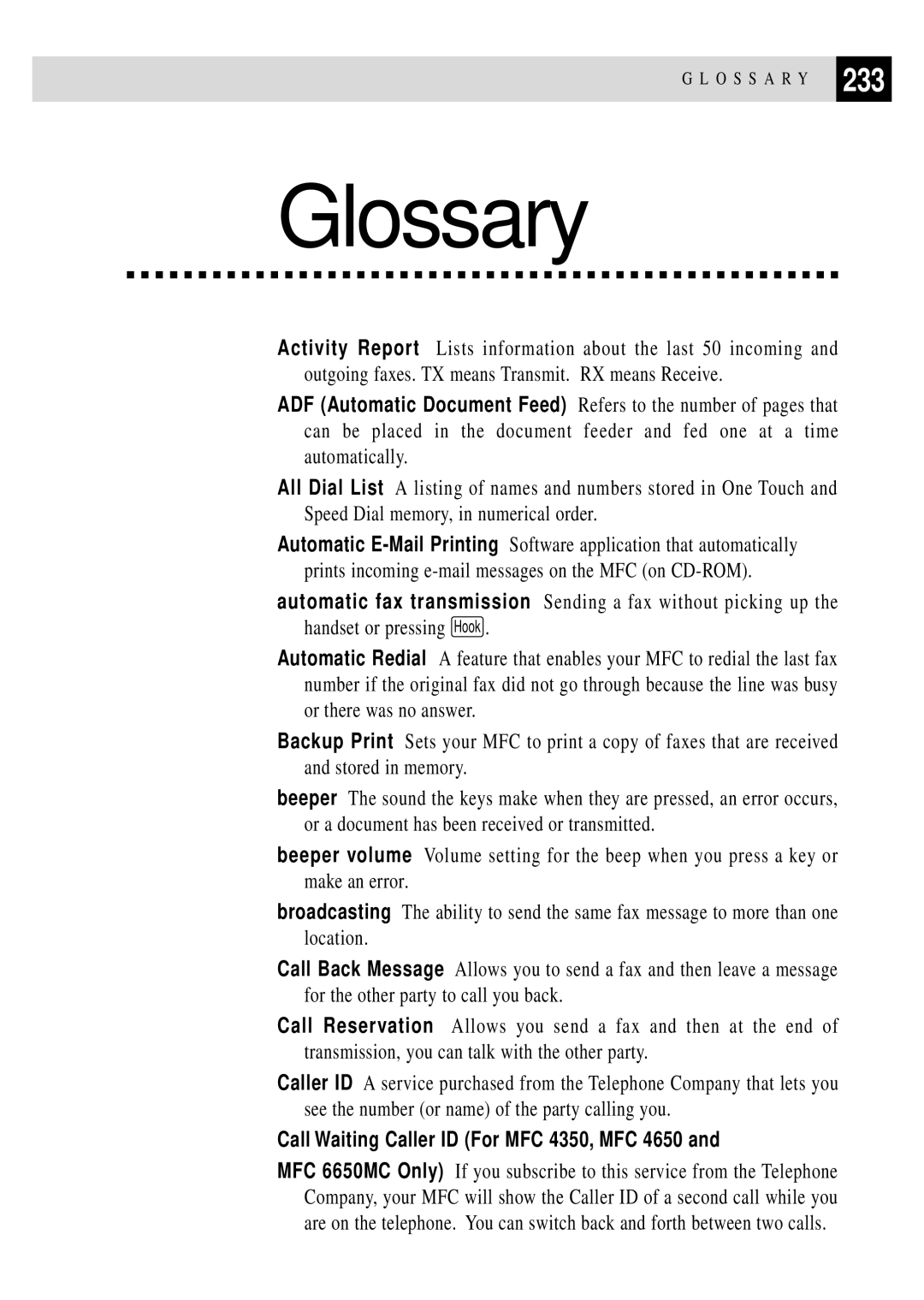 Brother MFC-7750, MFC-6650MC manual Glossary, 233 