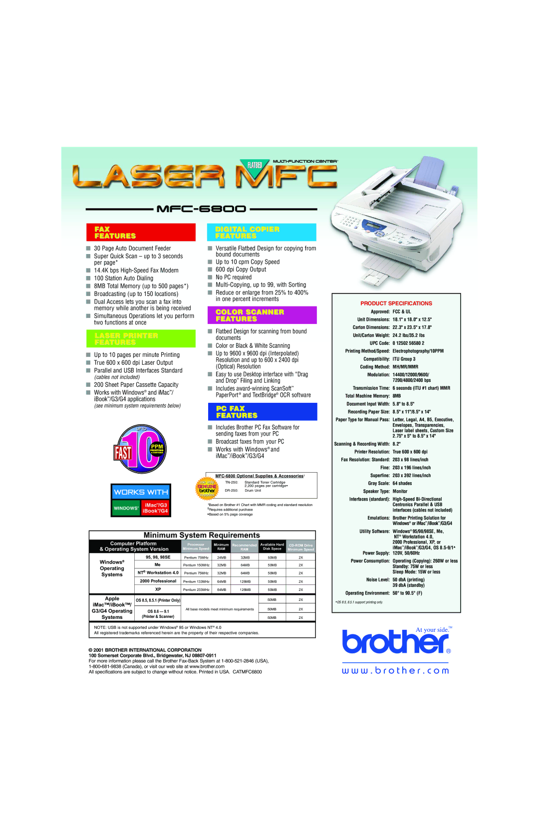 Brother MFC-6800 manual Laser Printer Features, Digital Copier Features, Color Scanner Features, PC FAX Features 