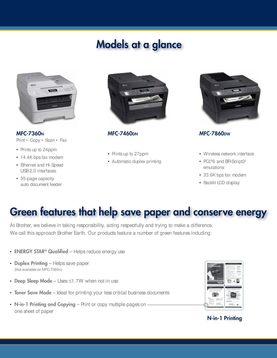 Brother MFC-7000 Models at a glance, Green features that help save paper and conserve energy, MFC-7360n, In-1 Printing 