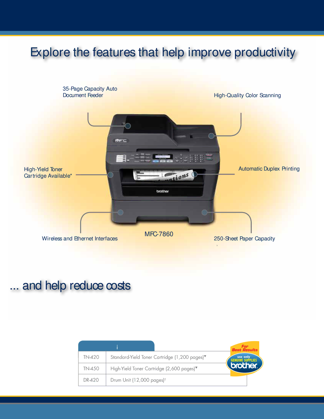 Brother MFC-7000 manual Explore the features that help improve productivity, Help reduce costs, MFC-7860 dw 