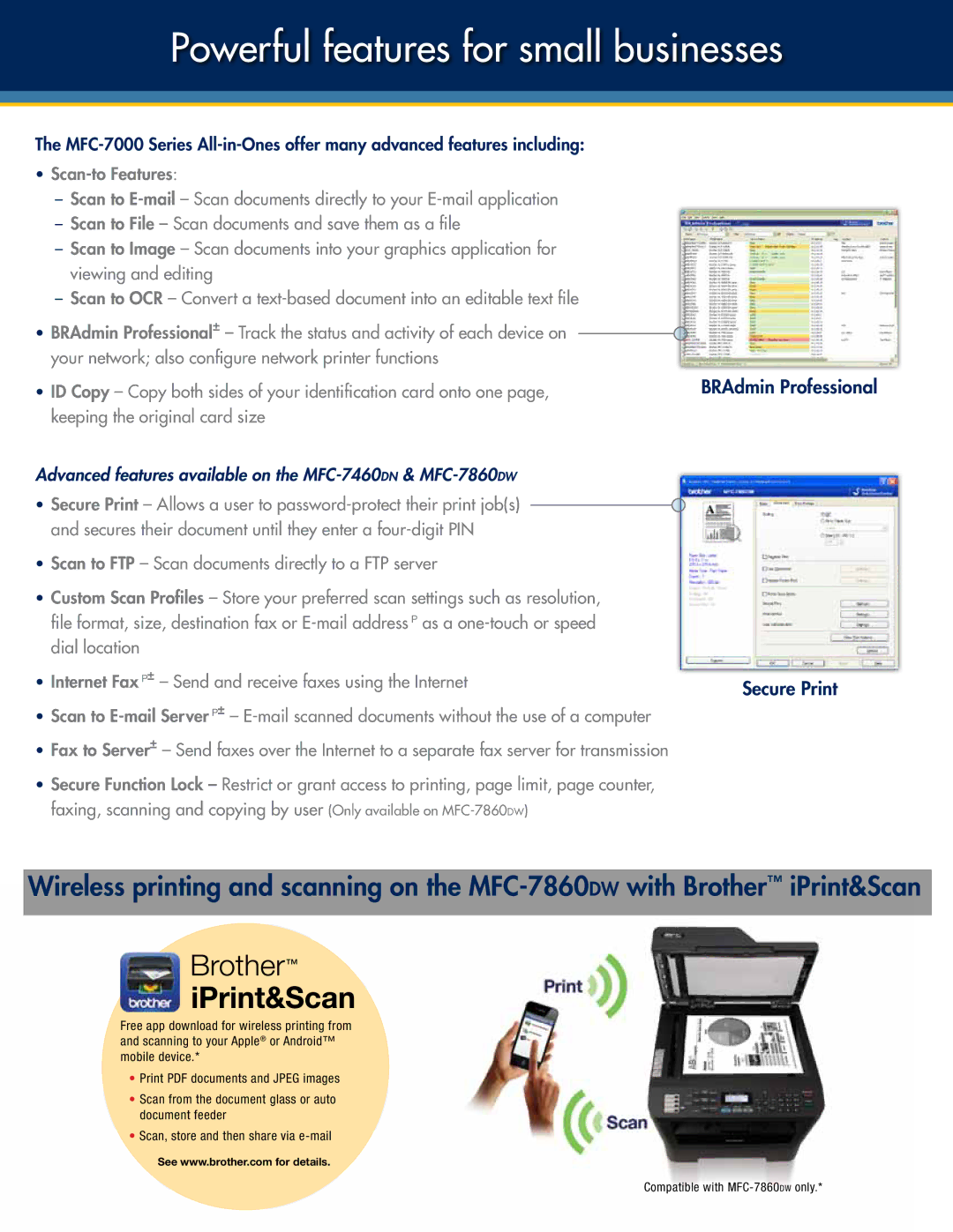 Brother MFC-7000 manual Powerful features for small businesses, BRAdmin Professional Secure Print 