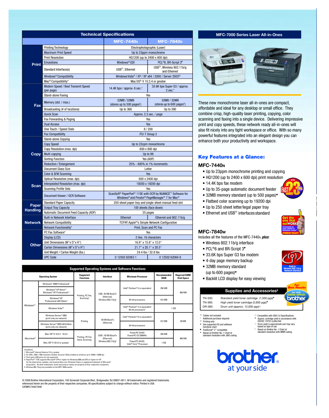 Brother MFC-7000 manual Key Features at a Glance, MFC-7440n, MFC-7840w 