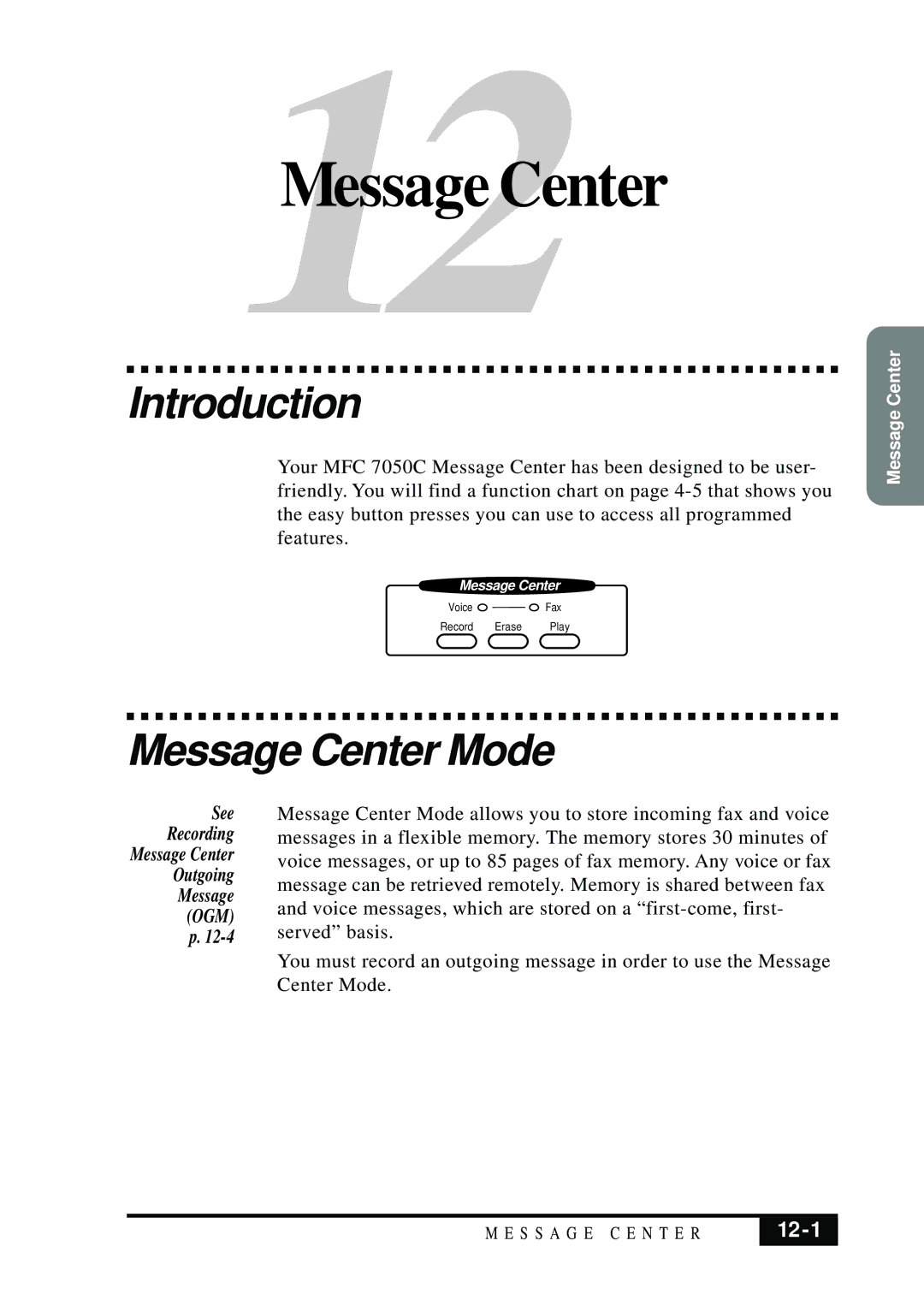 Brother MFC 7050C owner manual Introduction, Message Center Mode, 12-1 