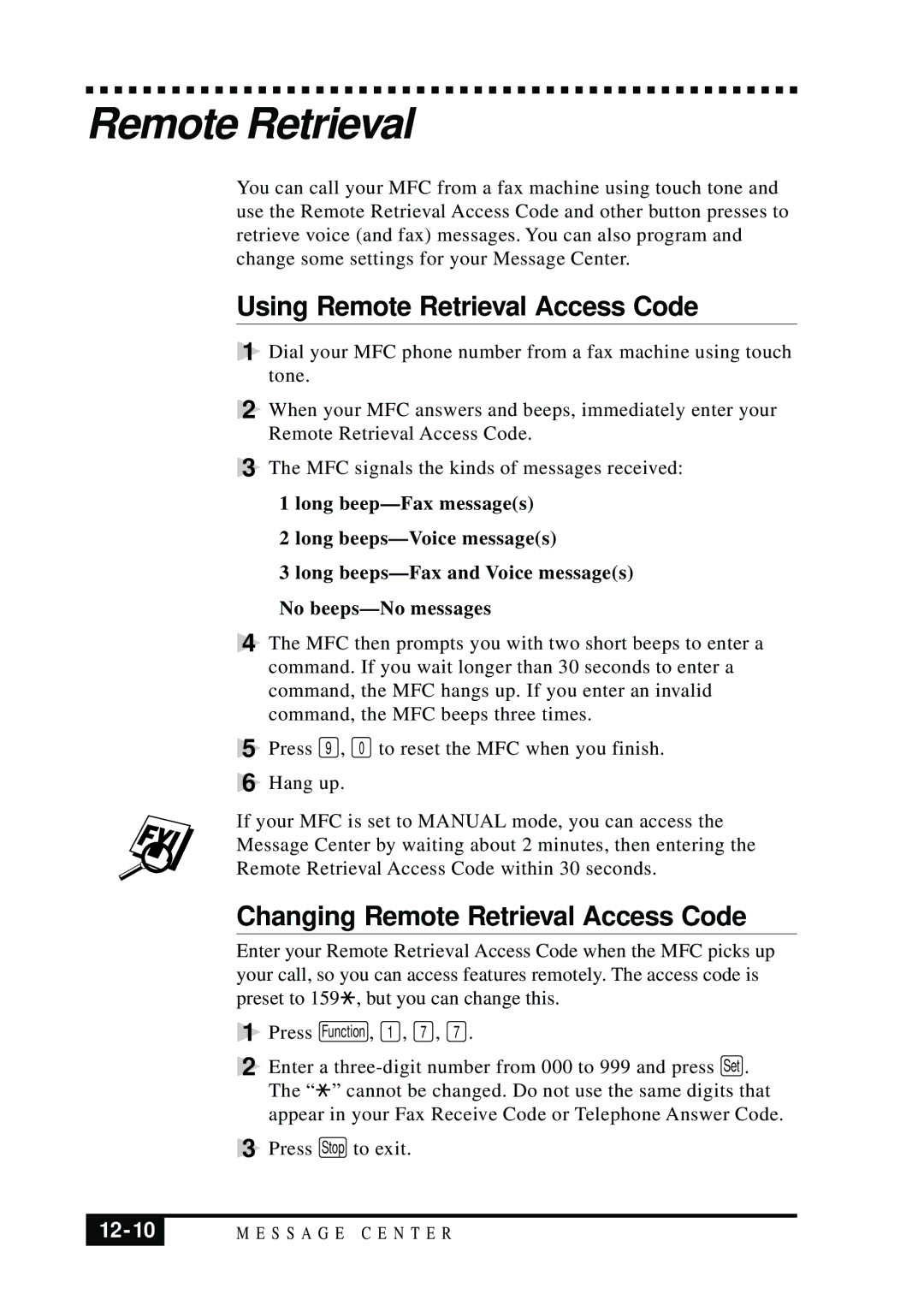 Brother MFC 7050C owner manual Using Remote Retrieval Access Code, Changing Remote Retrieval Access Code, 12-10 