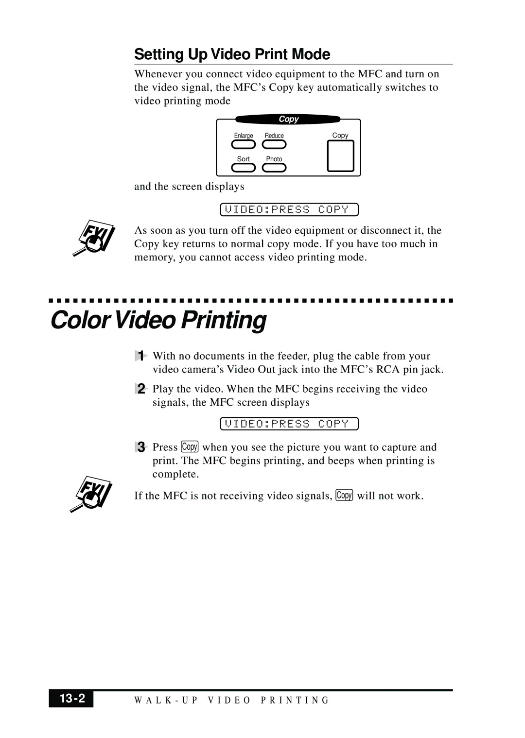 Brother MFC 7050C owner manual Color Video Printing, Setting Up Video Print Mode, Videopress Copy 