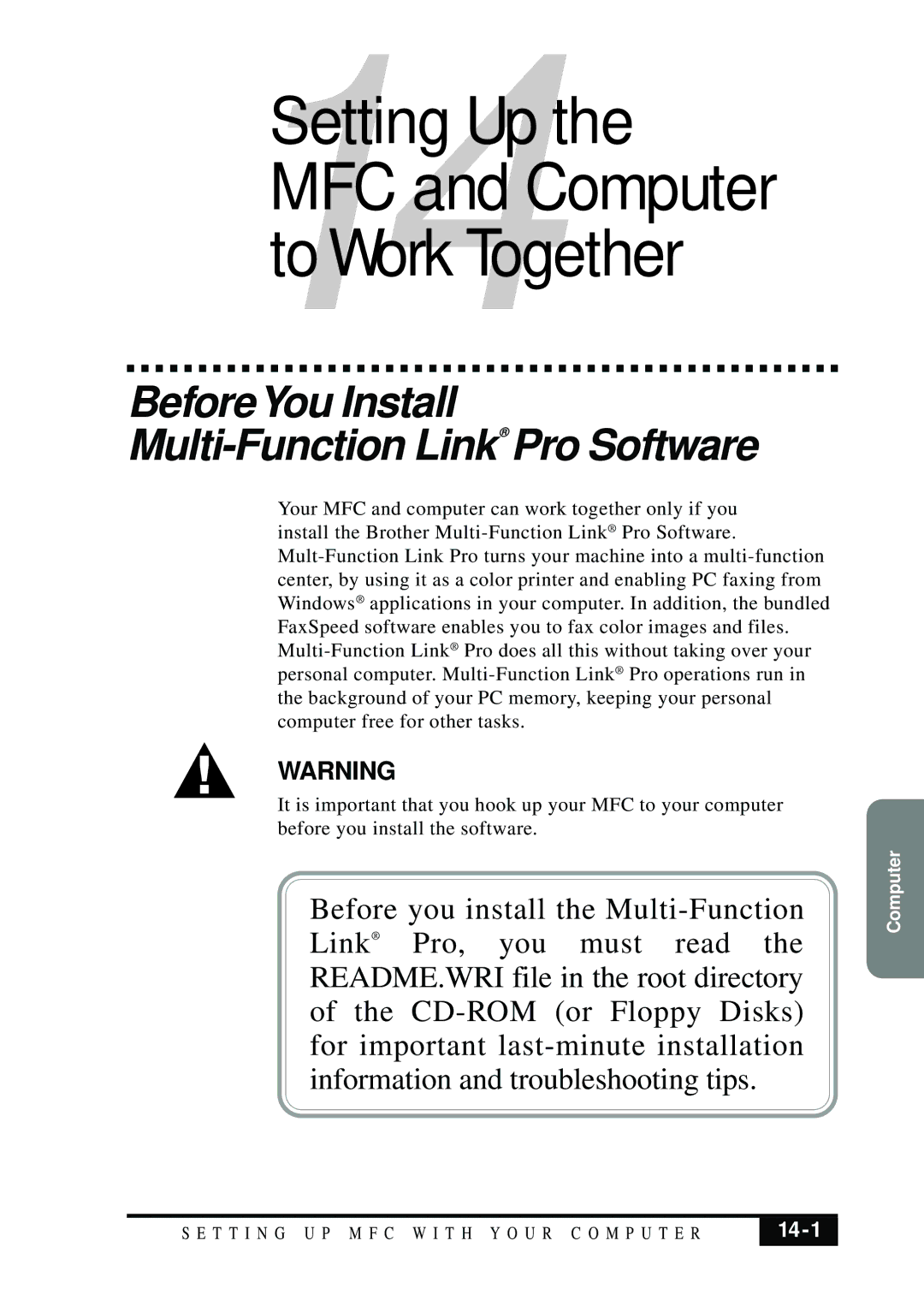 Brother MFC 7050C owner manual 14Setting Up the MFC and Computer to Work Together, 14-1 