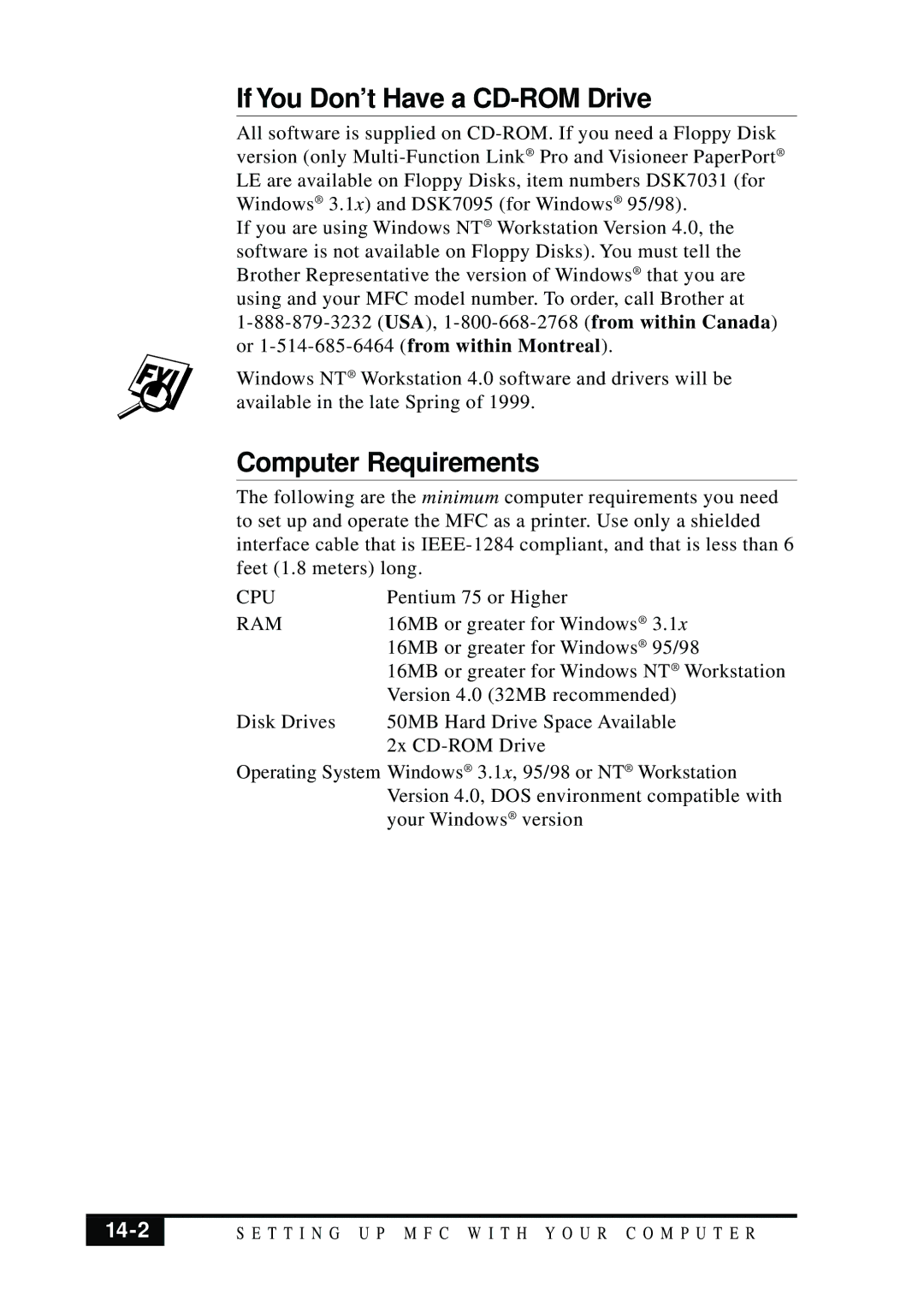 Brother MFC 7050C owner manual If You Don’t Have a CD-ROM Drive, Computer Requirements, 14-2 