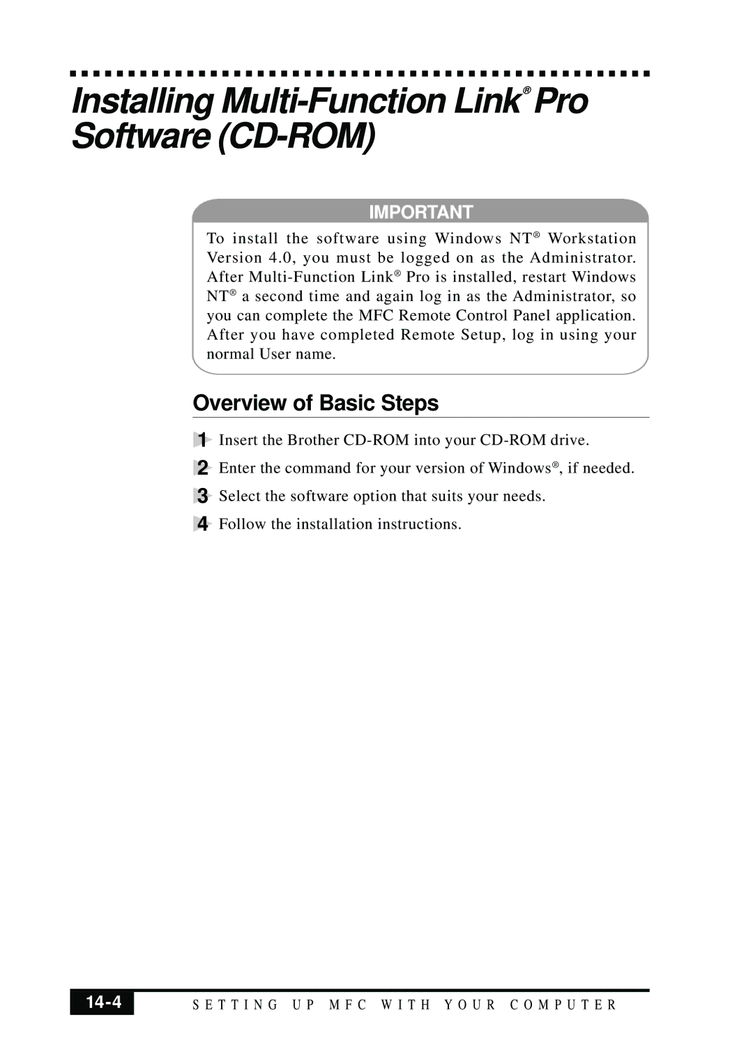 Brother MFC 7050C owner manual Installing Multi-Function Link Pro Software CD-ROM, Overview of Basic Steps, 14-4 