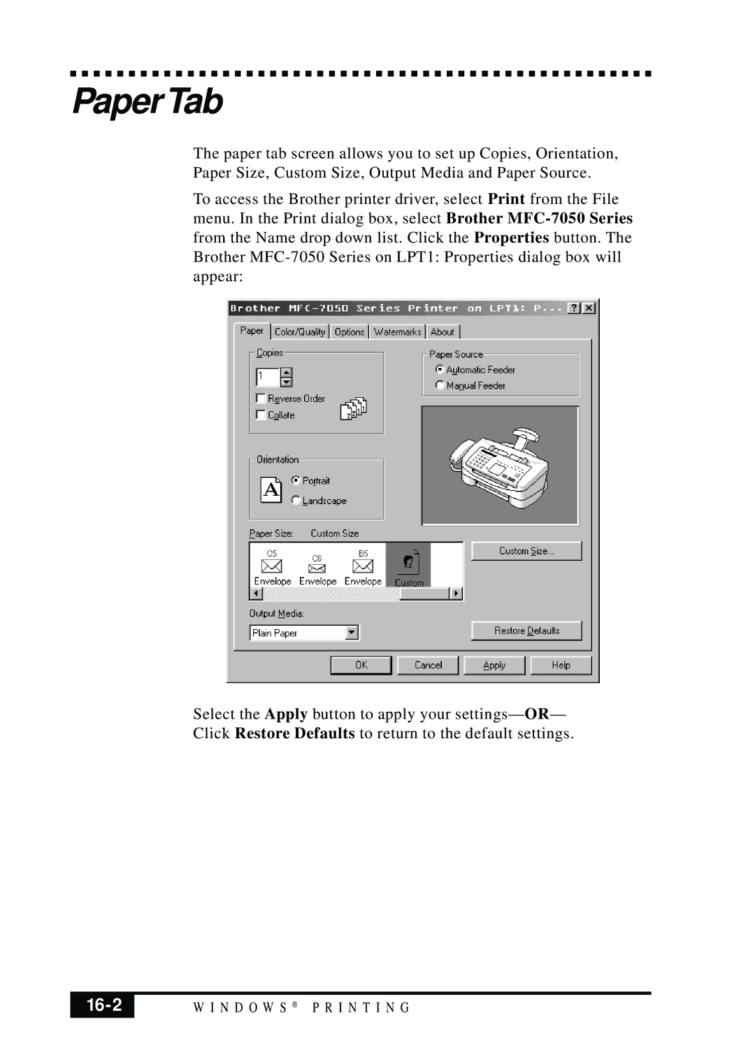 Brother MFC 7050C owner manual PaperTab, 16-2 