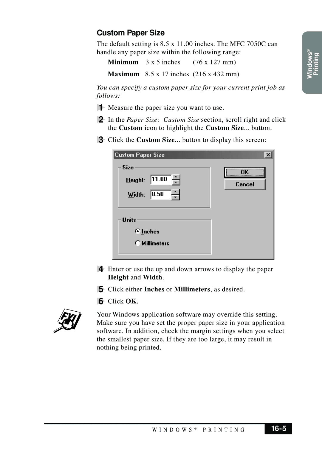 Brother MFC 7050C owner manual Custom Paper Size, 16-5 