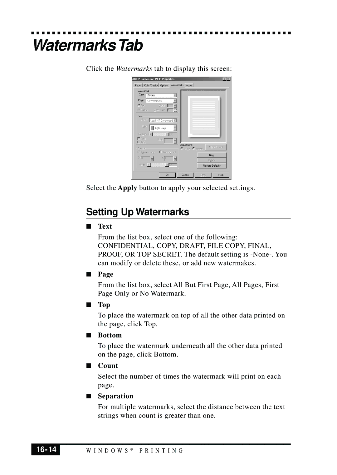 Brother MFC 7050C owner manual WatermarksTab, Setting Up Watermarks, 16-14 