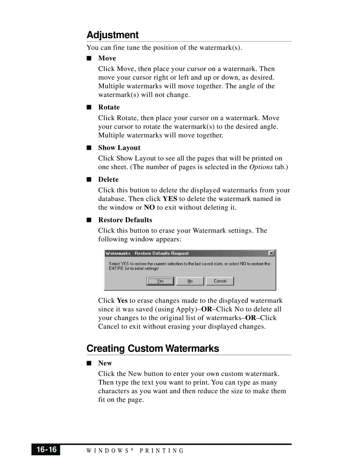 Brother MFC 7050C owner manual Adjustment, Creating Custom Watermarks, 16-16 