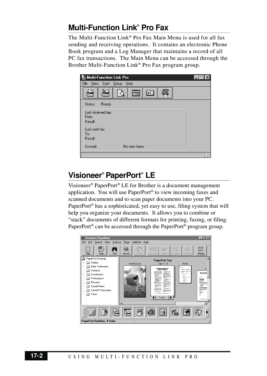Brother MFC 7050C owner manual Multi-Function Link Pro Fax, Visioneer PaperPort LE, 17-2 