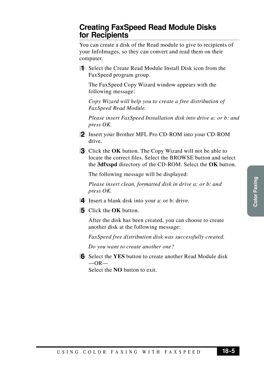 Brother MFC 7050C owner manual Creating FaxSpeed Read Module Disks for Recipients, 18-5 