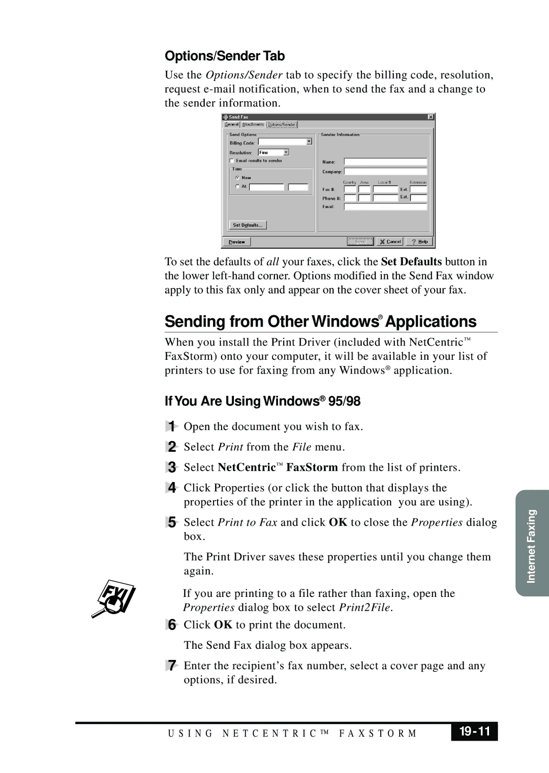 Brother MFC 7050C owner manual Sending from Other WindowsApplications, Options/Sender Tab, 19-11 