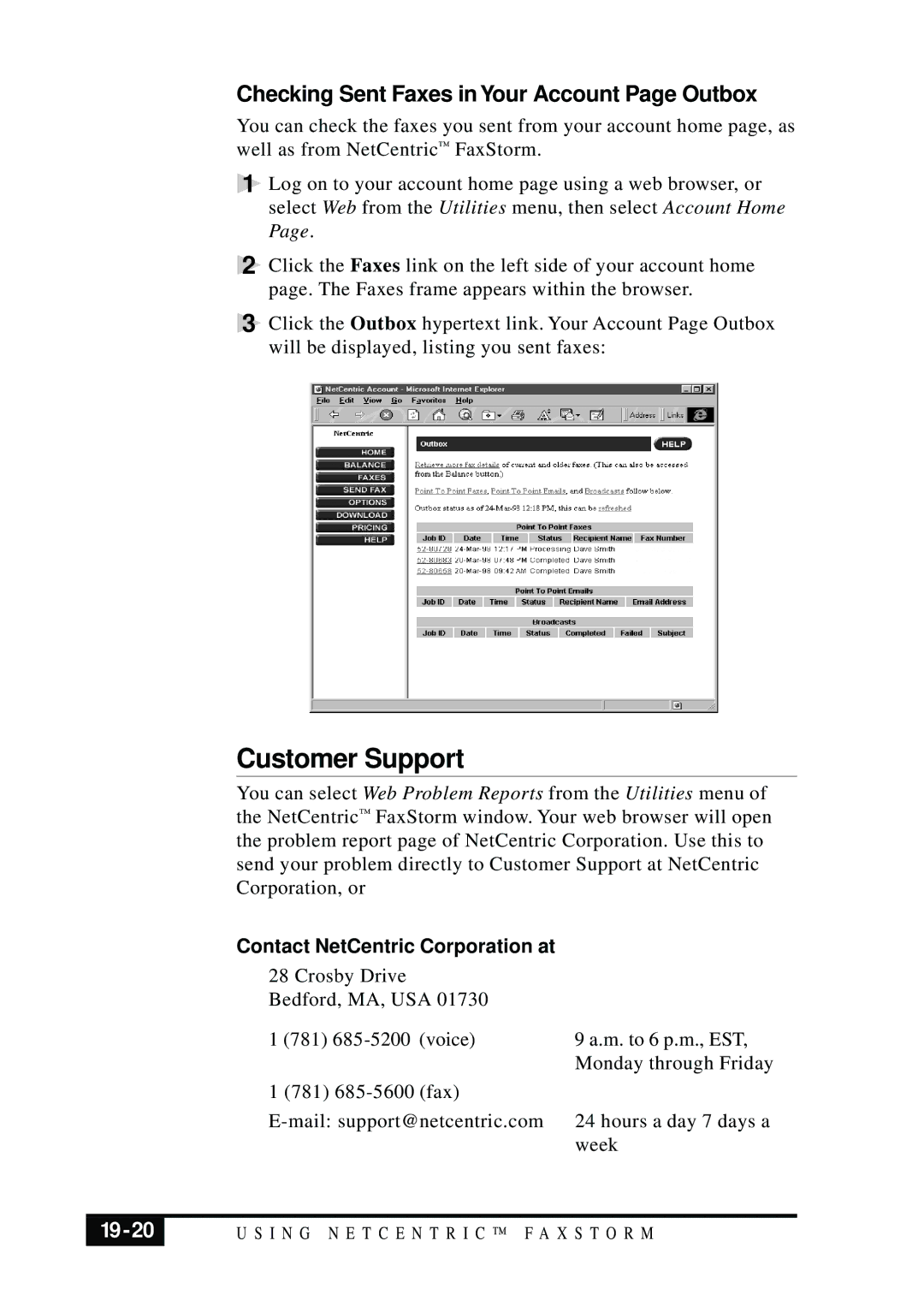 Brother MFC 7050C owner manual Customer Support, Checking Sent Faxes in Your Account Page Outbox, 19-20 