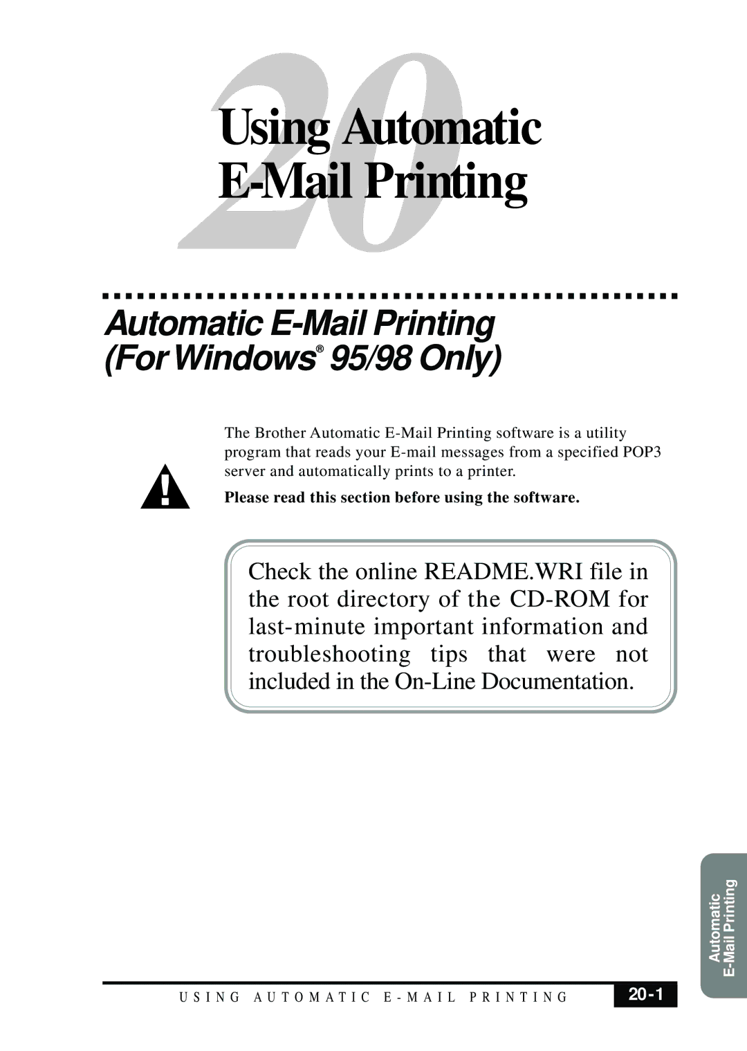 Brother MFC 7050C owner manual Automatic E-Mail Printing For Windows 95/98 Only, 20-1 