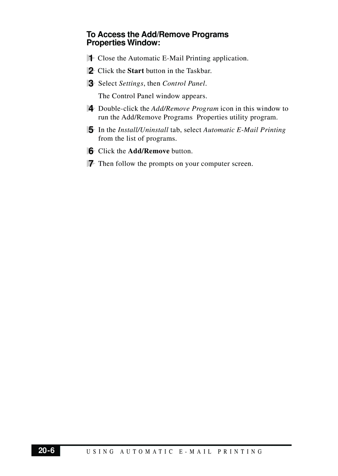 Brother MFC 7050C owner manual To Access the Add/Remove Programs Properties Window, 20-6 