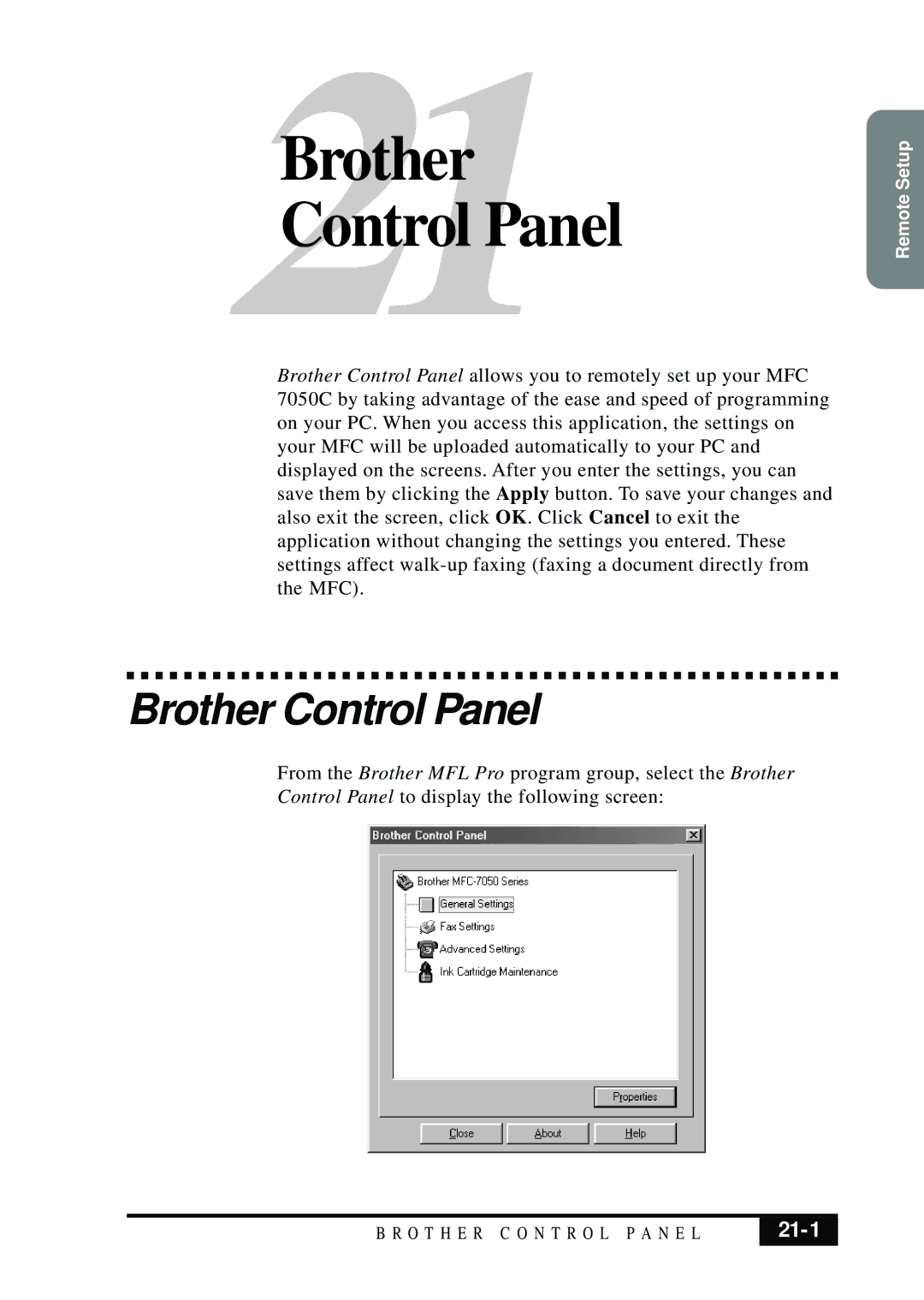 Brother MFC 7050C owner manual Brother Control Panel, 21-1 