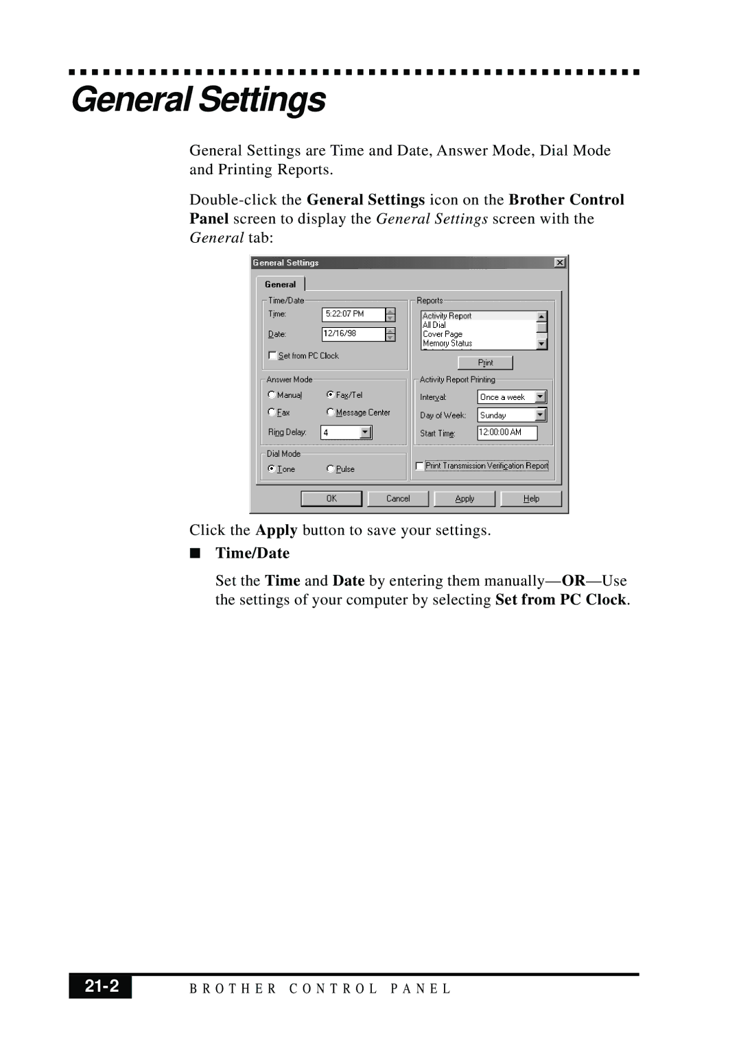 Brother MFC 7050C owner manual General Settings, 21-2, Time/Date 