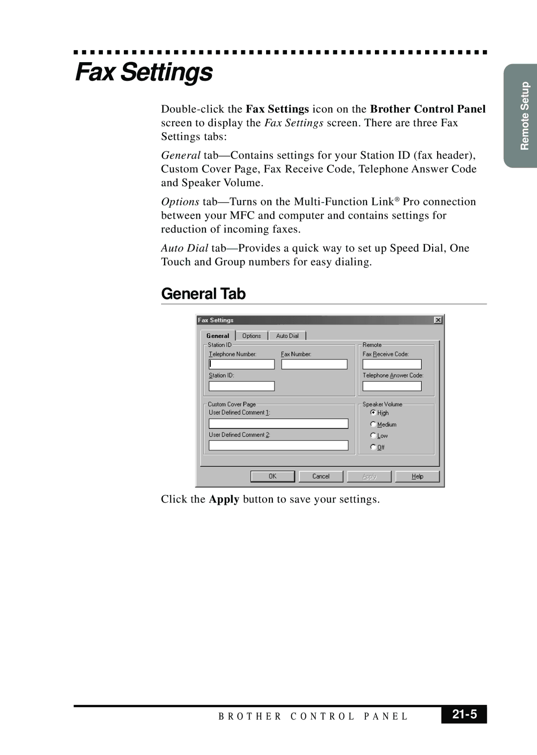 Brother MFC 7050C owner manual Fax Settings, General Tab, 21-5 