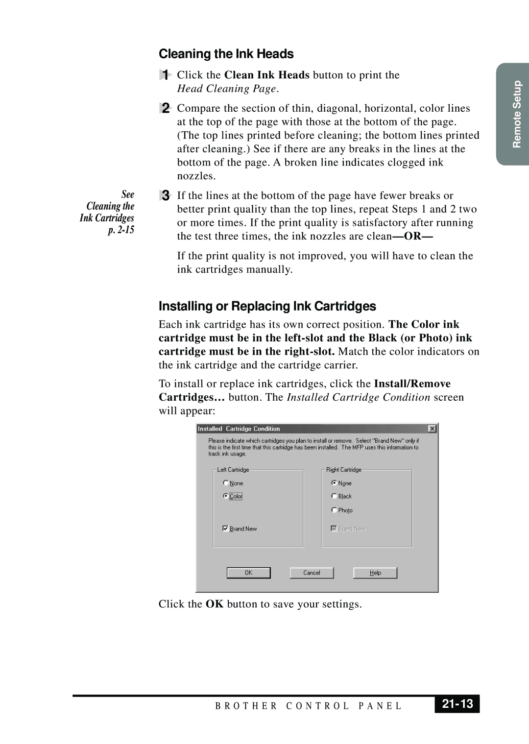 Brother MFC 7050C owner manual Cleaning the Ink Heads, Installing or Replacing Ink Cartridges, 21-13 