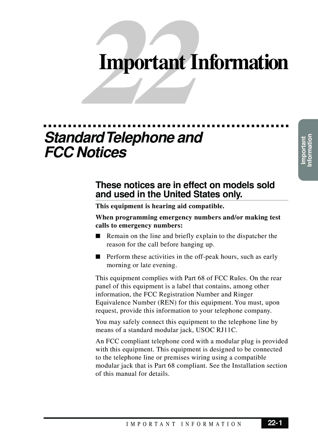 Brother MFC 7050C owner manual StandardTelephone FCC Notices, 22-1 