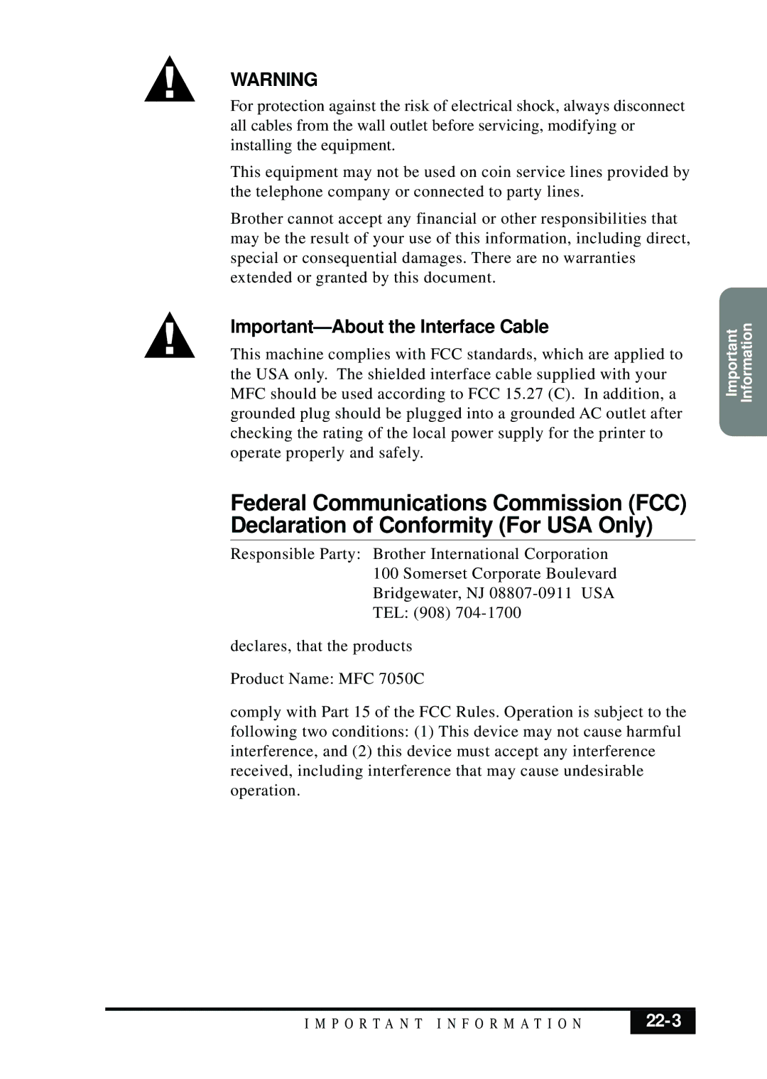 Brother MFC 7050C owner manual Important-About the Interface Cable, 22-3 