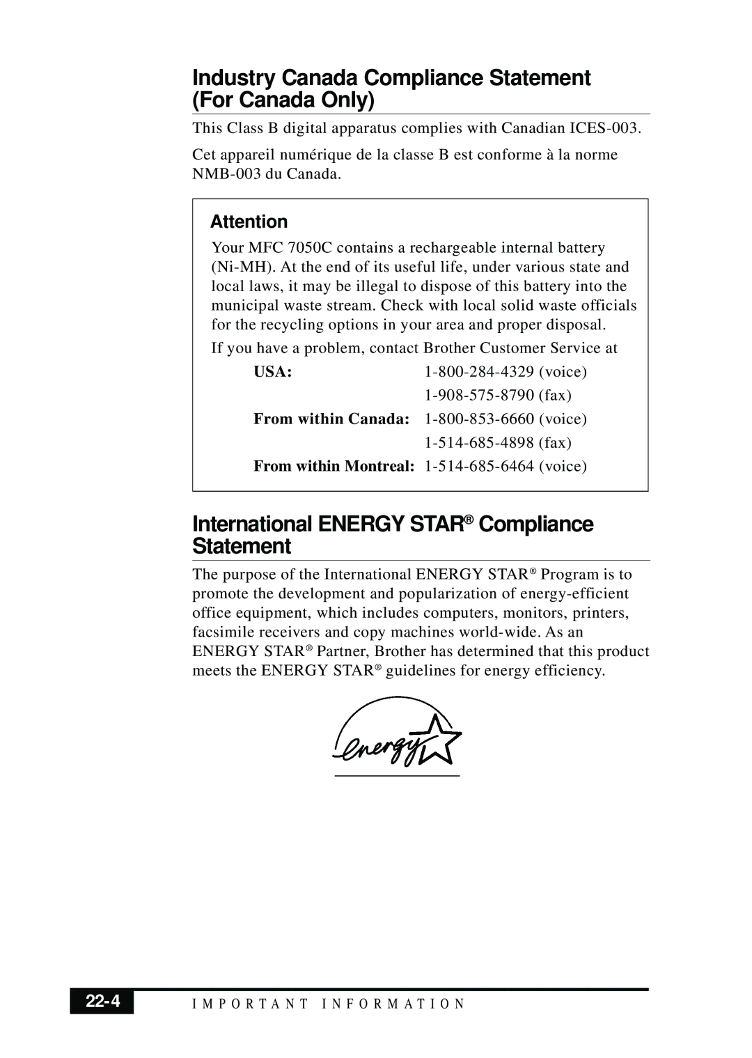 Brother MFC 7050C Industry Canada Compliance Statement For Canada Only, International Energy Star Compliance Statement 