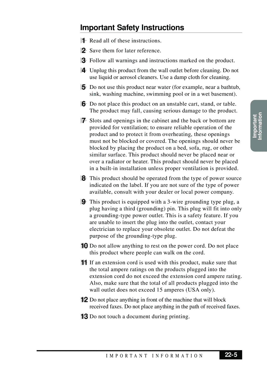 Brother MFC 7050C owner manual Important Safety Instructions, 22-5 