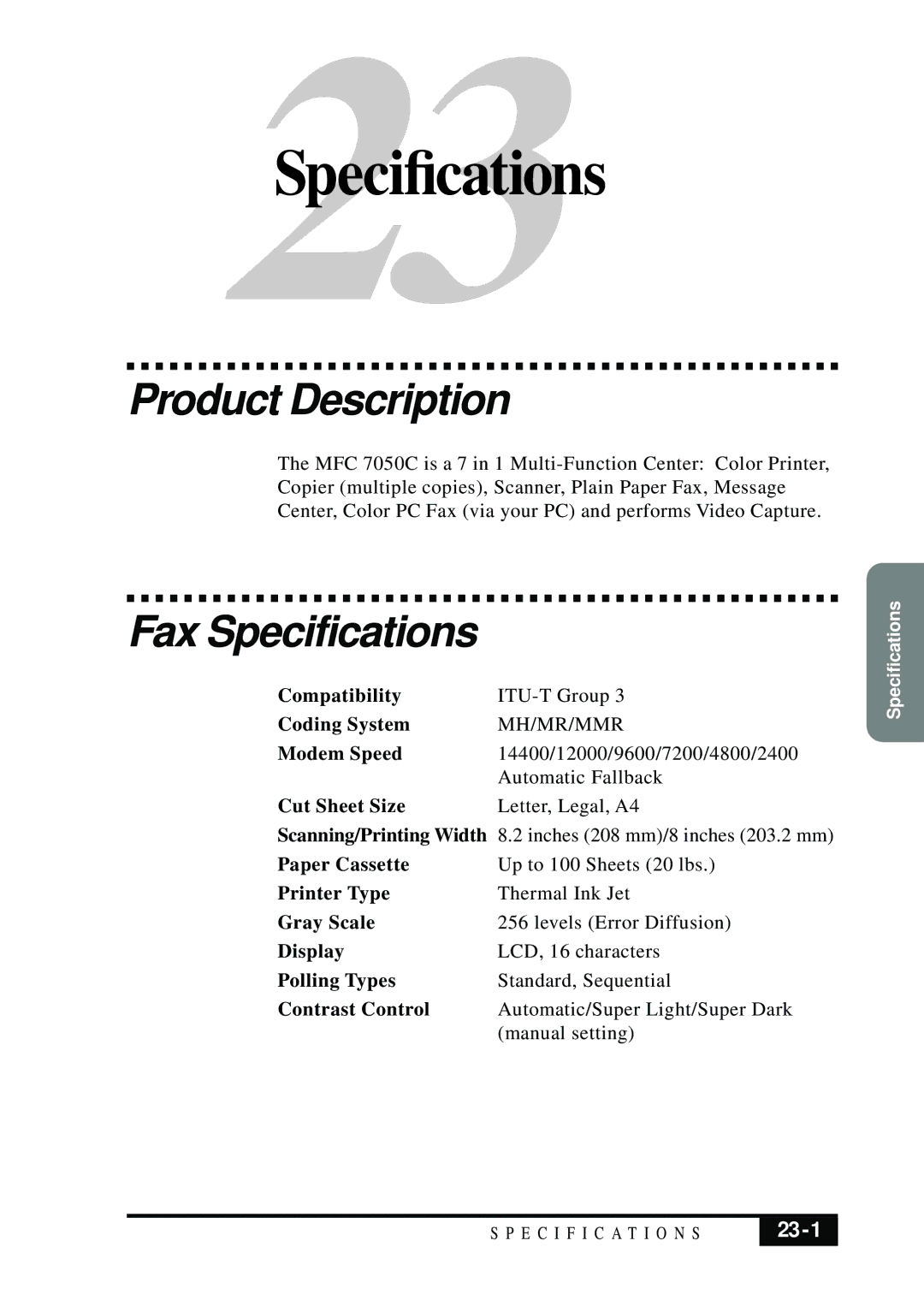 Brother MFC 7050C owner manual Product Description, Fax Specifications, 23-1 