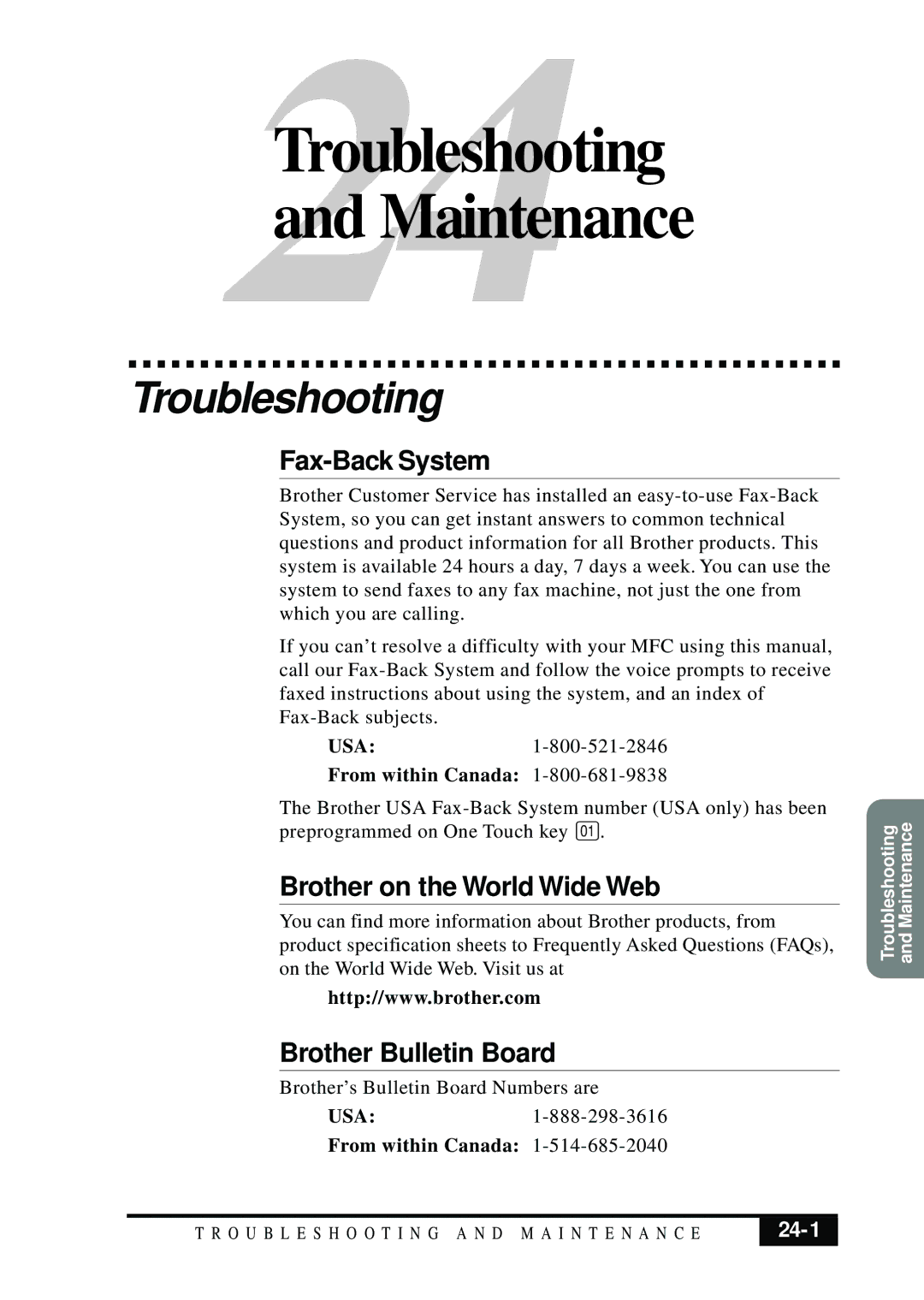 Brother MFC 7050C owner manual Troubleshooting, 24-1 