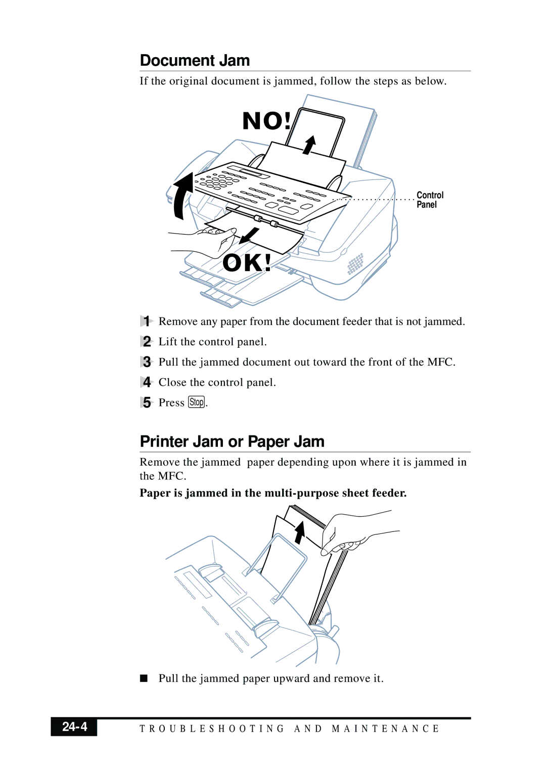 Brother MFC 7050C Document Jam, Printer Jam or Paper Jam, 24-4, Paper is jammed in the multi-purpose sheet feeder 