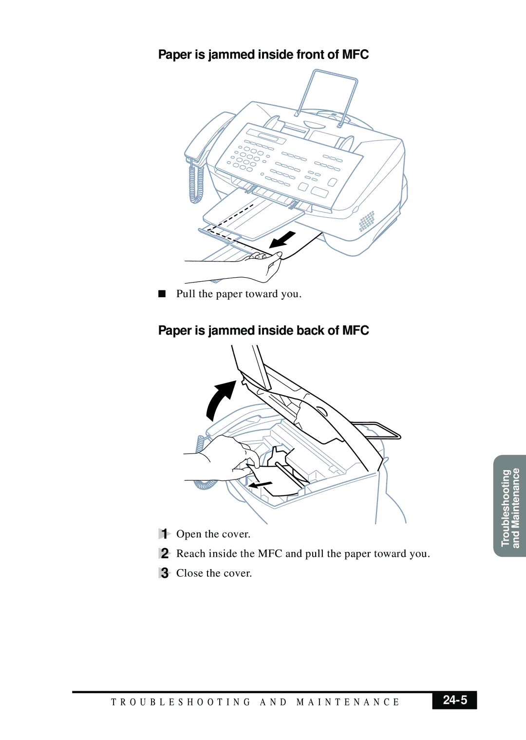 Brother MFC 7050C owner manual Paper is jammed inside front of MFC, Paper is jammed inside back of MFC, 24-5 