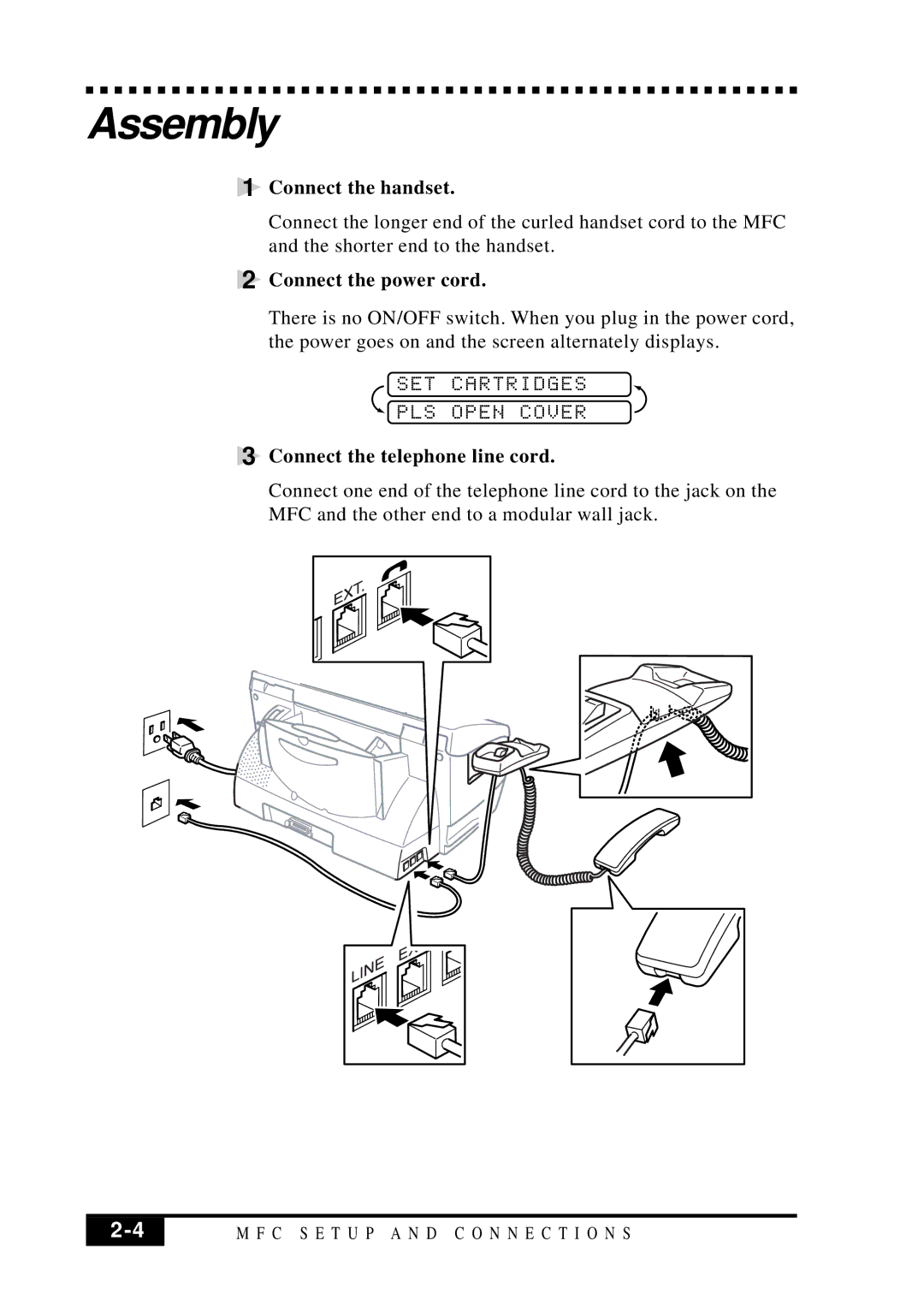 Brother MFC 7050C owner manual Assembly, SET Cartridges PLS Open Cover, Connect the handset, Connect the power cord 