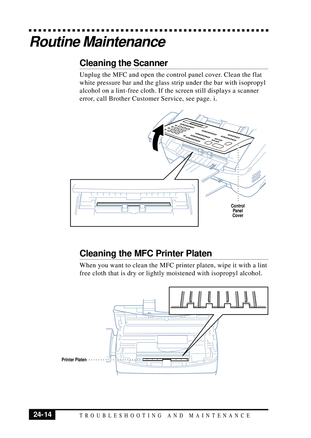 Brother MFC 7050C owner manual Routine Maintenance, Cleaning the Scanner, Cleaning the MFC Printer Platen, 24-14 