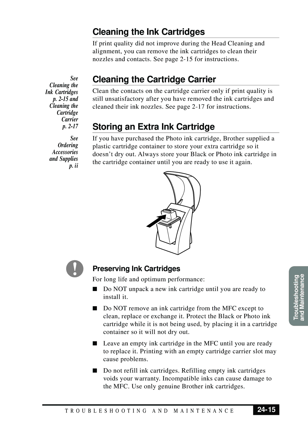 Brother MFC 7050C owner manual Storing an Extra Ink Cartridge, 24-15 