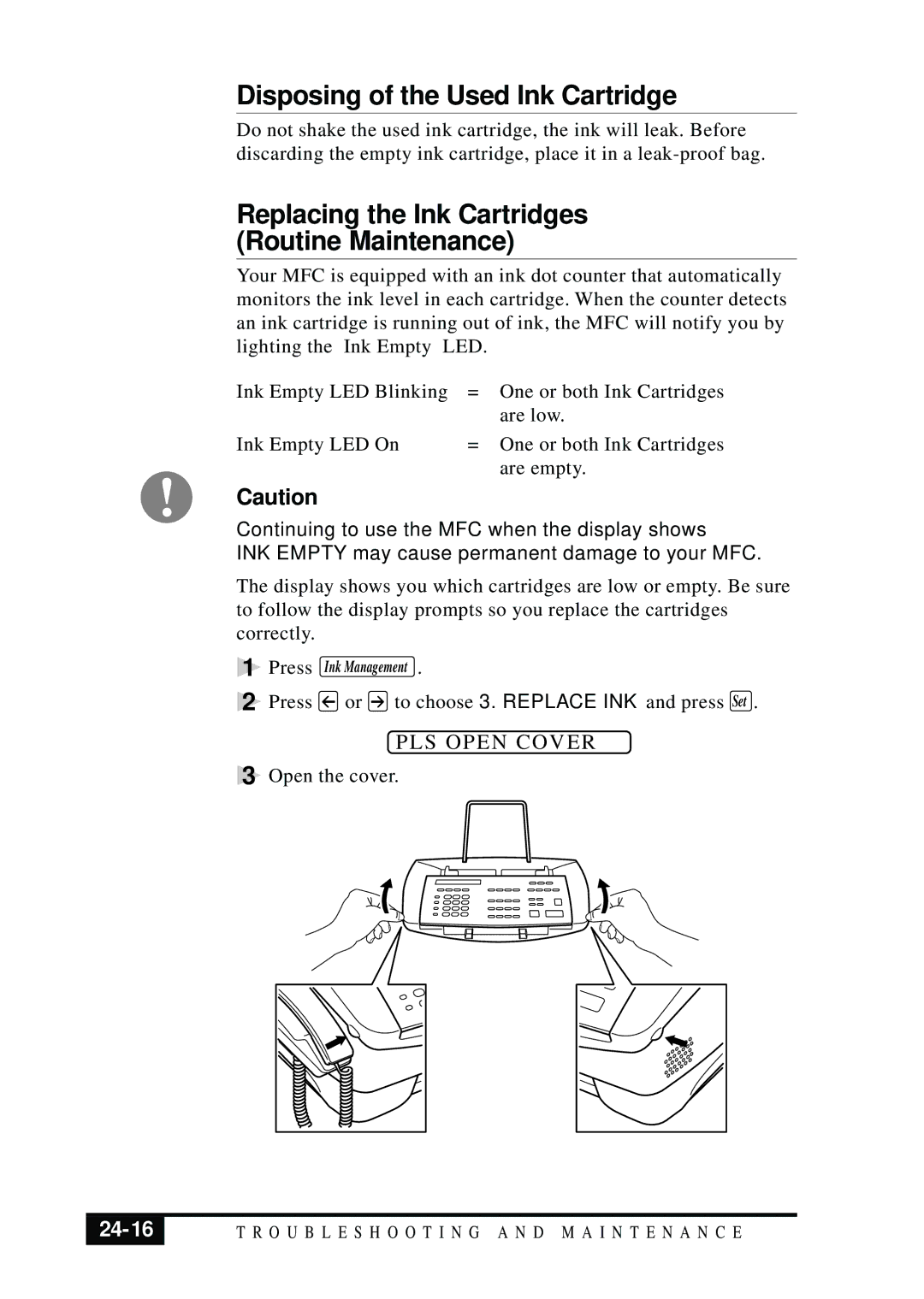 Brother MFC 7050C owner manual Disposing of the Used Ink Cartridge, Replacing the Ink Cartridges Routine Maintenance, 24-16 